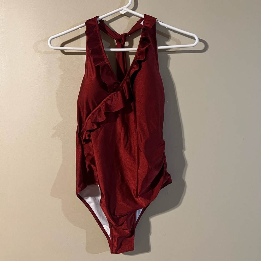 Cupshe Halter Onepiece Red Ruffle Swim Suit - Picture 1 of 6